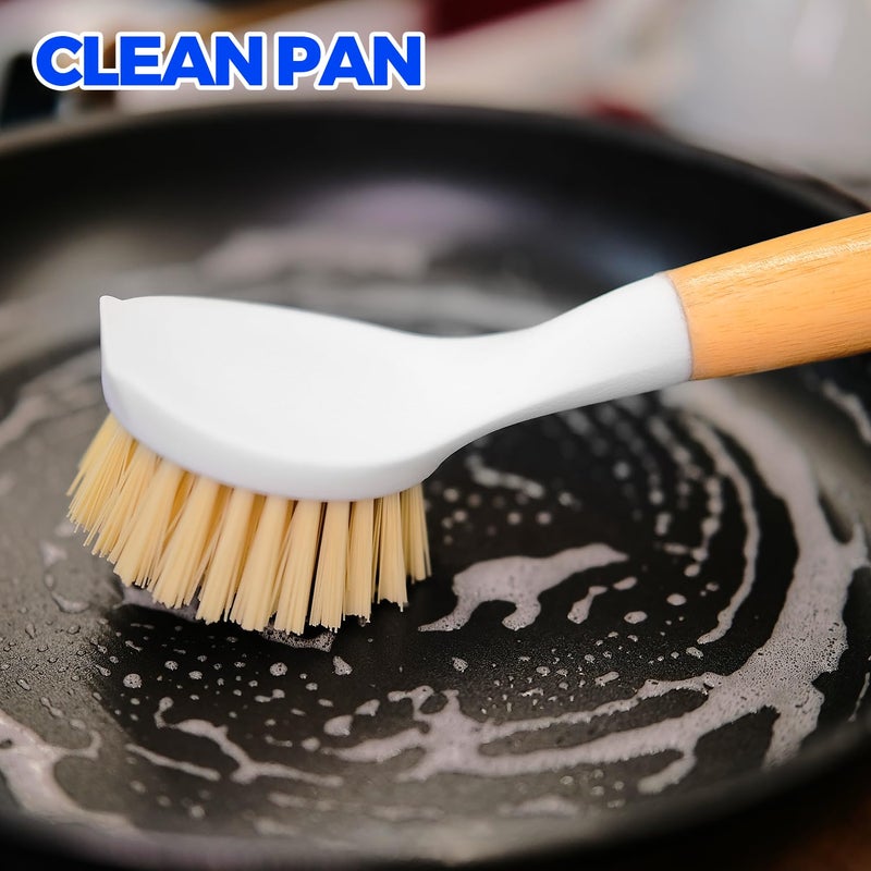 Holikme 3 Pack Dish Brush Set with Bamboo Handle, Kitchen Cleaner for Cleaning Pot, Pan, Sink and Stove, Scrubber with Medium Bristles, Yellow - Image 2